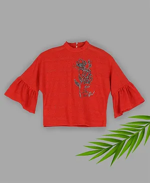 TINY BABY Three Fourth Bell Sleeves Flower Detailed Top - Red