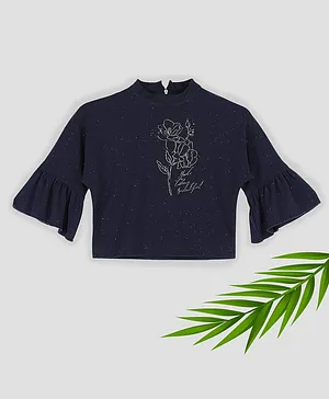 TINY BABY Three Fourth Bell Sleeves Flower Detailed Top - Navy Blue