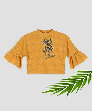 TINY BABY Three Fourth Bell Sleeves Flower Detailed Top - Mustard Yellow