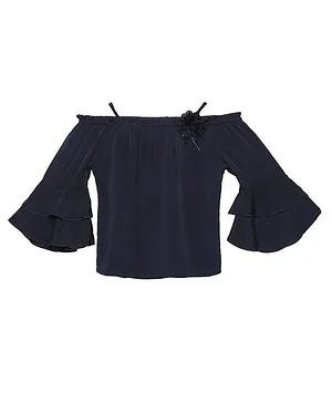 TINY BABY Cold Shoulder Bell Sleeves Flower Applique Top - Navy Blue