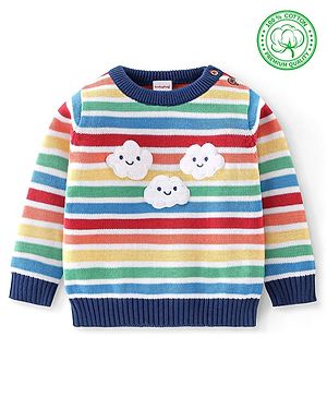 Babyhug Organic Cotton Knit Full Sleeves Striped Sweater with Clouds Applique - Multicolour