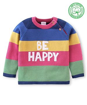 Babyhug Organic Cotton Knit Full Sleeves Sweater Text Embroidery - Green Blue & Pink
