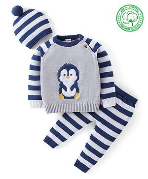 Babyhug Organic Cotton Knit Full Sleeves Striped Sweater Set with Penguin Design - Navy & Grey