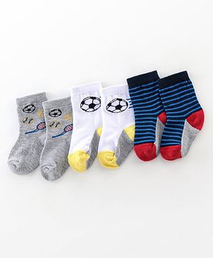Cutewalk By Babyhug Cotton Anti Bacterial Ankle Length Striped & Ball Print Socks Pack of 3 - Grey White & Blue