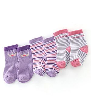 Cutewalk By Babyhug Cotton Anti Bacterial Ankle Length Striped Socks Pack of 3 - Purple & Pink
