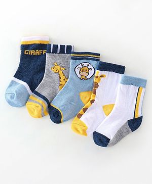 Cutewalk By Babyhug Cotton Anti Bacterial Ankle Length Giraffe Print Socks Pack of 5 - Grey Blue & White