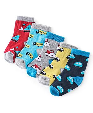 Cutewalk By Babyhug Cotton Anti Bacterial Ankle Length Car Print Socks Pack of 5 - Red Blue & Grey
