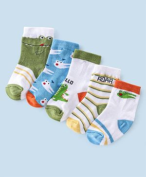 Cutewalk By Babyhug Cotton Anti Bacterial Ankle Length Striped & Crocodile Print Socks Pack of 5 - Green Blue & White