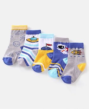 Cutewalk By Babyhug Cotton Anti Bacterial Ankle Length Space Design Socks Pack of 5 - Grey Blue & White