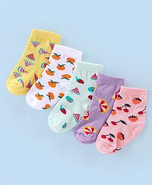 Cutewalk By Babyhug Anti Bacterial Ankle Length Socks Fruits Design Pack of 5- Purple Yellow & Pink