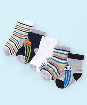 Cute Walk by Babyhug Cotton Knit Anti Bacterial Ankle Length Socks Stripes & Ball Design Pack of 5 - Black Grey & White