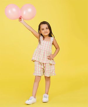 Knitting Doodles Pure Cotton Sleeveless Buffalo Checkered & Lace Embellished Peplum Style Top With Coordinating Shorts - Green & Pink