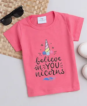 Knitting Doodles Pure Cotton Half Sleeves Believe In  You Nicorn Printed Tee - Pink