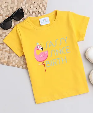 Knitting Doodles Pure Cotton Half Sleeves Flamingo Printed Tee - Yellow