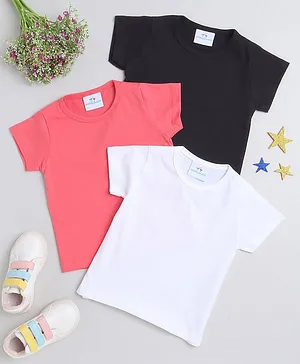 Knitting Doodles Pack Of 3 Pure Cotton Half Solid Tees - White Black & Pink