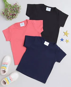 Knitting Doodles Pack Of 3 Pure Cotton Half Solid Tees - Blue Black & Pink