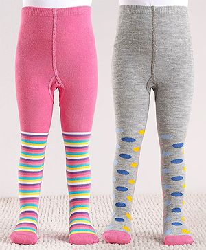 Cute Walk by Babyhug Cotton Antibacterial Striped Footed Tights Pack of 2 - Pink & Grey