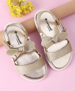 Cute Walk by Babyhug Velcro Closure Formal & Party Wear Embellished Sandals with Bow Applique - Gold