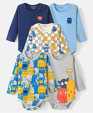 Bonfino Cotton Full Sleeves Onesies with Cartoon Print Pack of 5 - Multicolour