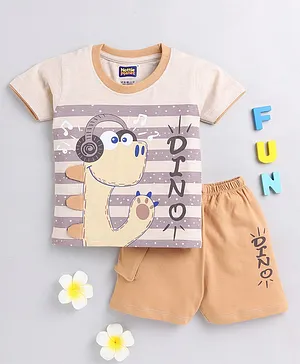 Nottie Planet Half Sleeve Dinosaur Printed & Striped Tee With Shorts Set - Brown