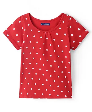 Pine Kids 100% Cotton Knit Half Sleeves Top Polka Dot Print - Red