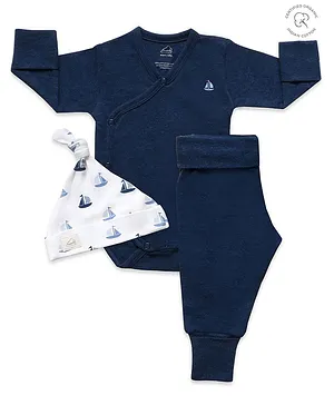 Masilo Organic Cotton Full Sleeves Sailboat Printed Stay Cozy Bundle Onesie Pajama & Top Knot Cap Set  - Navy Blue