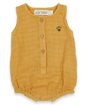 Masilo Unisex Organic Cotton Sleeveless Paw Embroidered Onesie With Front Opening And Snap Buttons At The Button - Mustard Yellow