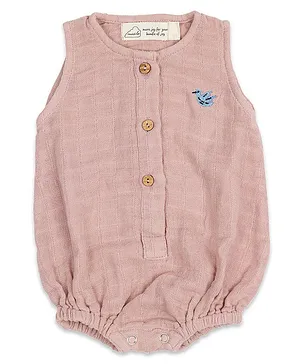 Masilo Unisex Organic Cotton Sleeveless Bird Embroidered Onesie With Front Opening And Snap Buttons At The Button - Pink