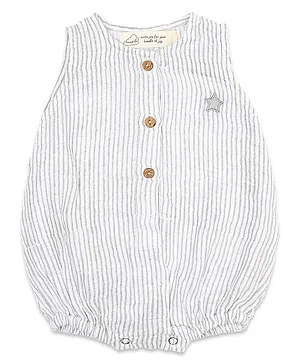 Masilo Unisex Organic Cotton Sleeveless Srar Embroidered & Striped Onesie With Front Opening And Snap Buttons At The Buttom - Grey