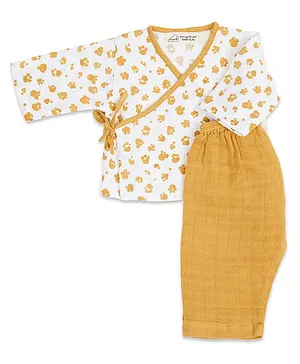 Masilo Unisex Organic Cotton Full Sleeves Seamless Paw Printed Kimono Lounge Set With Side Opening - Mustard Yellow