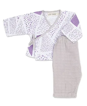 Masilo Organic Cotton Full Sleeves Seamless Abstract Printed Kimono Style Lounge Set With Side Opening - Grey