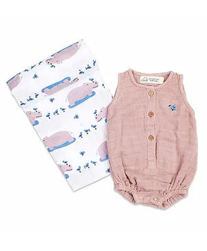 Masilo Organic Cotton Sleeveless Natural Coconut Shell Printed Onesie & Swaddle Blanket - Pink