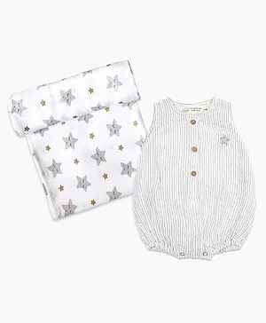 Masilo Organic Cotton Sleeveless Star Natural Coconut Shell Buttons On Onesie And Swaddle Blanket - Grey