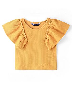 Pine Kids Knitted Ruffle Sleeves Stretchable Solid Top - Mustard Yellow