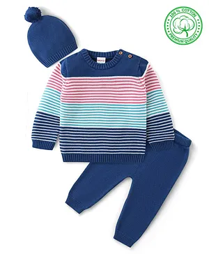 Babyhug Organic Cotton Knit Full Sleeves Striped Sweater Set - Pink & Blue