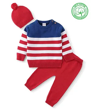 Babyhug Organic Cotton Knit Full Sleeves Striped Sweater Set - Red & Blue