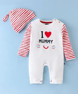 Mini Taurus Cotton  Full Sleeves Romper With Cap Text & Striped Print - Red & White