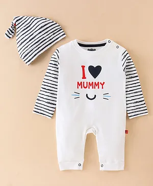 Mini Taurus Cotton Full Sleeves Romper With Cap Text & Striped Print - Blue & White