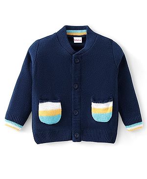 Babyhug Knitted Full Sleeves Front Open Sweater with Sequin Detailing & Pockets - Navy Blue