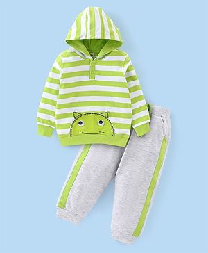 Babyhug Knit Full Sleeves Hooded T-Shirt & Lounge Pant Set With Striped & Monster Applique - White & Green
