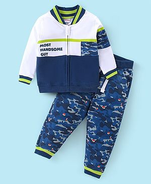 Babyhug 100% Cotton Full Sleeves T-Shirt With Lounge Pant Set Text & Camo Print- Blue & White