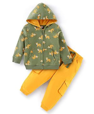 Babyhug 100% Cotton Full Sleeves Hooded T-Shirt & Lounge Pant Set Tiger Print- Green & Yellow