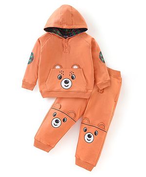 Babyhug 100% Cotton Knit Full Sleeves Hooded T-Shirt & Lounge Pant Set Teddy Applique - Orange