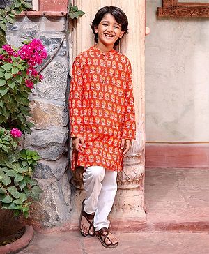 Pine Kids 100% Cotton Full Sleeves Kurta Pyjama With Floral Print - Rust