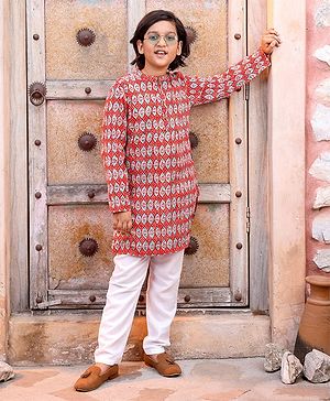Pine Kids Cotton Full Sleeves Floral Printed Kurta & Pajama Set- Red