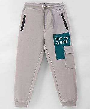 Pine Kids 100% Cotton Knit Full Length Track Pant with Cargo Pockets Text Print - Oyester Mushroom