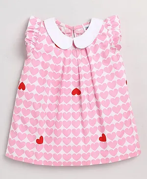 DEAR TO DAD Frill Cap Sleeves Seamless Heart Printed A Line Dress - Pink