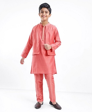 Pine Kids Full Sleeves Solid Kurta Pyjama Set with Printed Bandi- Peach