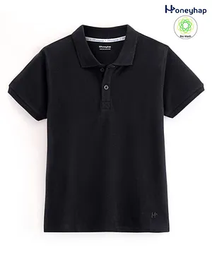Honeyhap Premium Cotton Solid Double Pique Half Sleeves Polo T-Shirt With Bio Finish- Black