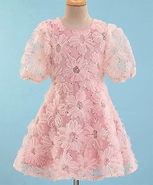 Pine Kids Half Sleeves Embroidered Knee Length Party Wear Dress with Sequins - Light Pink